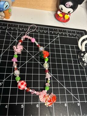 Pink Strawberry Beaded Kids Phone Charm - Cute Pink & Green Accessory